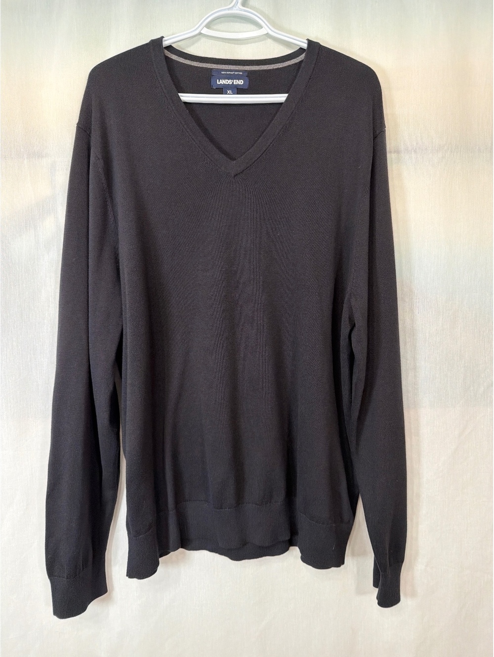 Lands' End Black 100% Supima Cotton V-Neck Sweater Men's XL